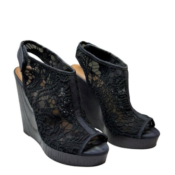 Lucky Brand Black Mesh Womens Platform Wedge Size 8 Gothic Witchy Grunge Lace - Picture 1 of 8